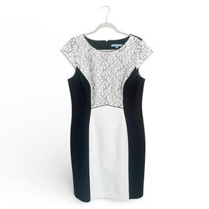Antonio Melani Black and White Lace Cap Sleeve  Sheath Dress Size 12